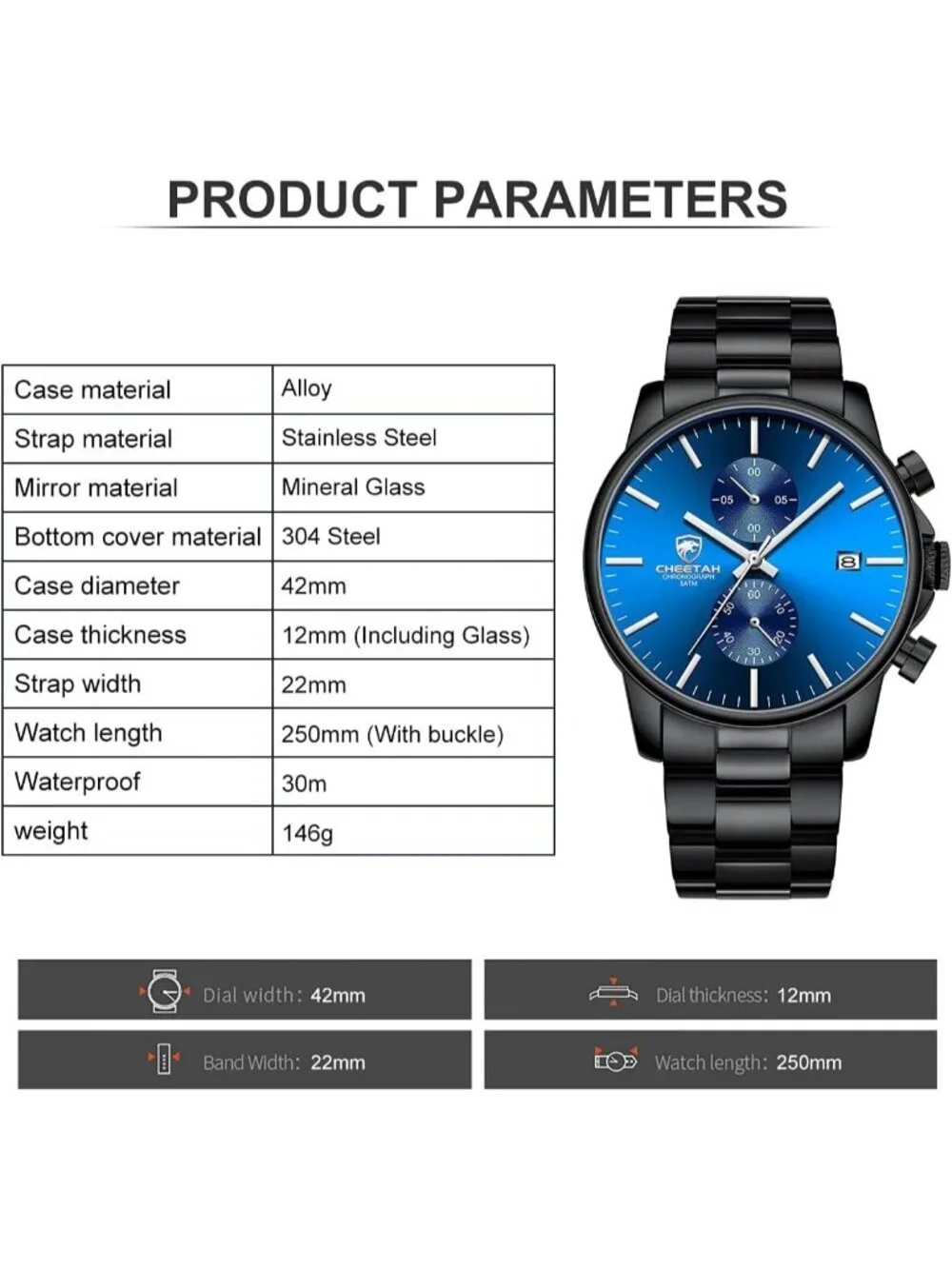 Men's Black And Blue Face Stainless Steel Waterproof Chronograph Quartz Watch